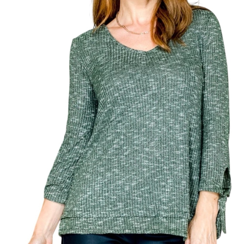 NWT ALLIE & ROB Green Heathered 3/4 Length Tie Knot Sleeve Top Size Large